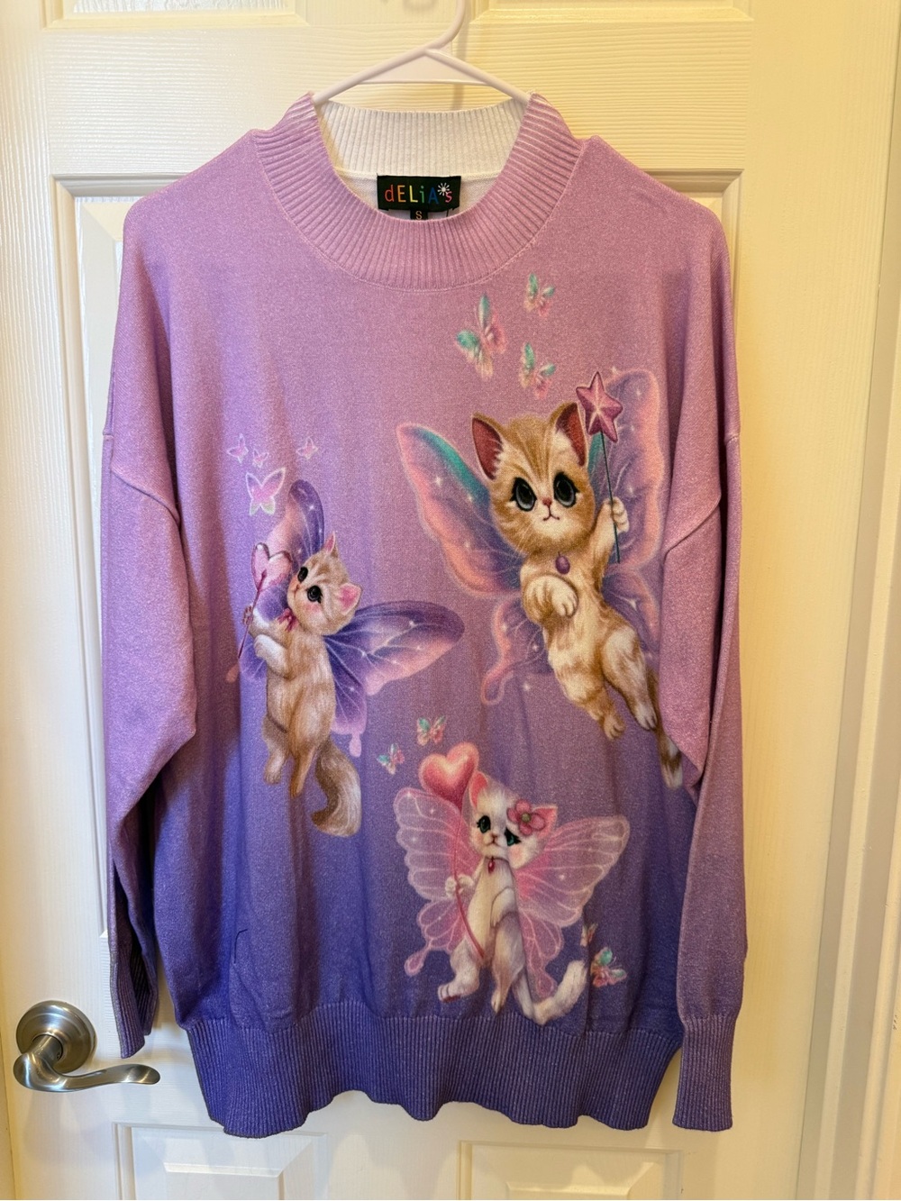 dELiA*s Lavender Fairy Kitten Graphic Sweater with Pink & Mint Accents